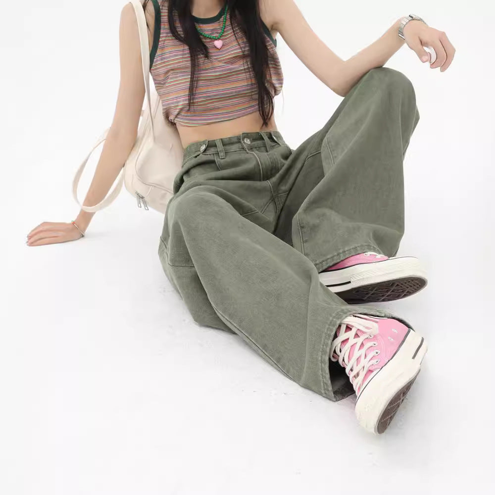 High Waist Wide Leg Green Jeans