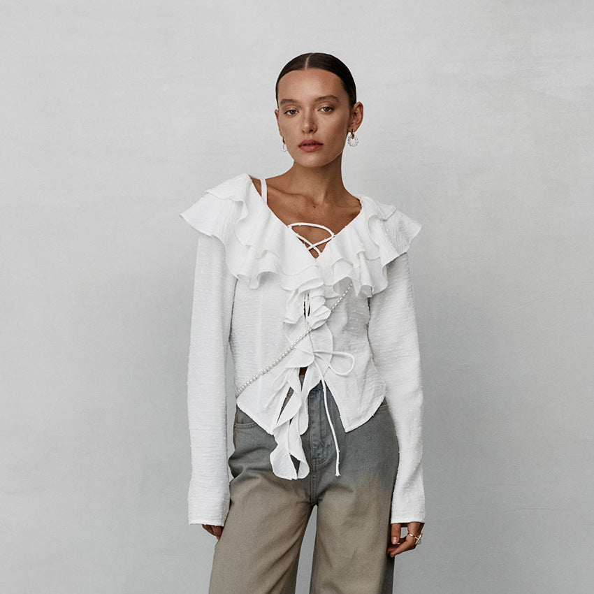 Ruffled Lace-Up Long Sleeve Blouse