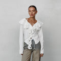 Ruffled Lace-Up Long Sleeve Blouse
