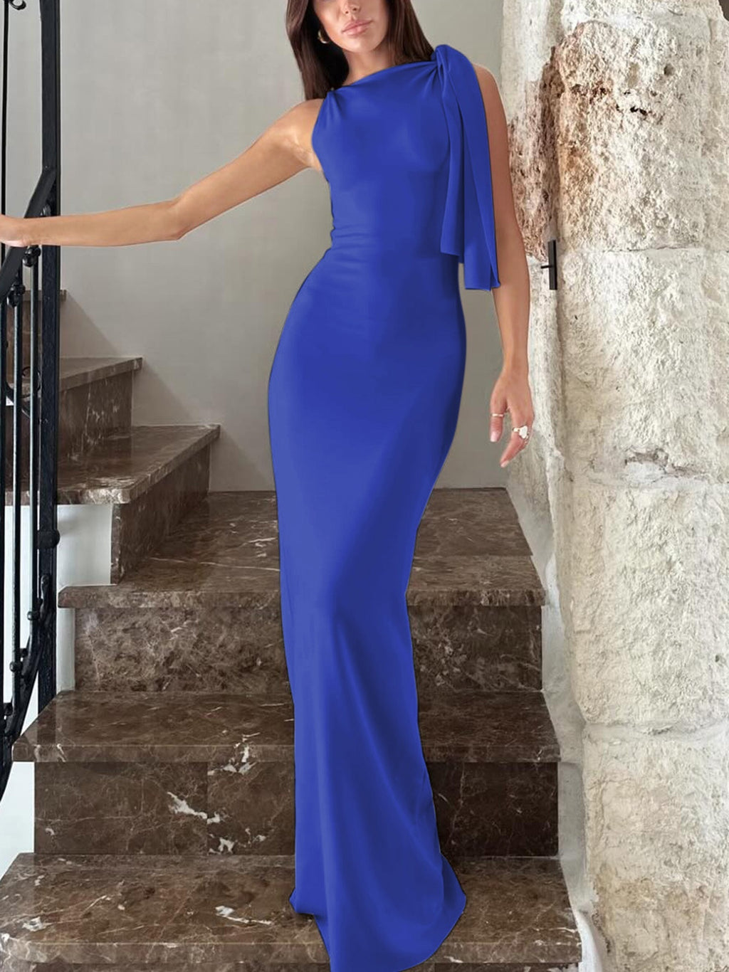 Elegant One-shoulder Ribbon Long Dress
