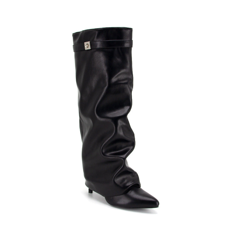 Black knee-high boot on a white background