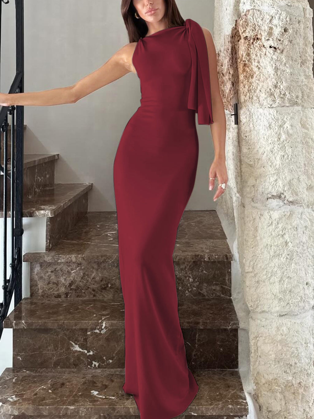 Elegant One-shoulder Ribbon Long Dress
