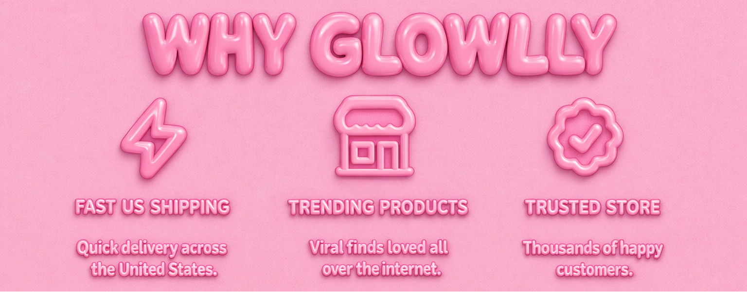 Pink background with 'WHY GLOWLLY' text and icons on a pink background