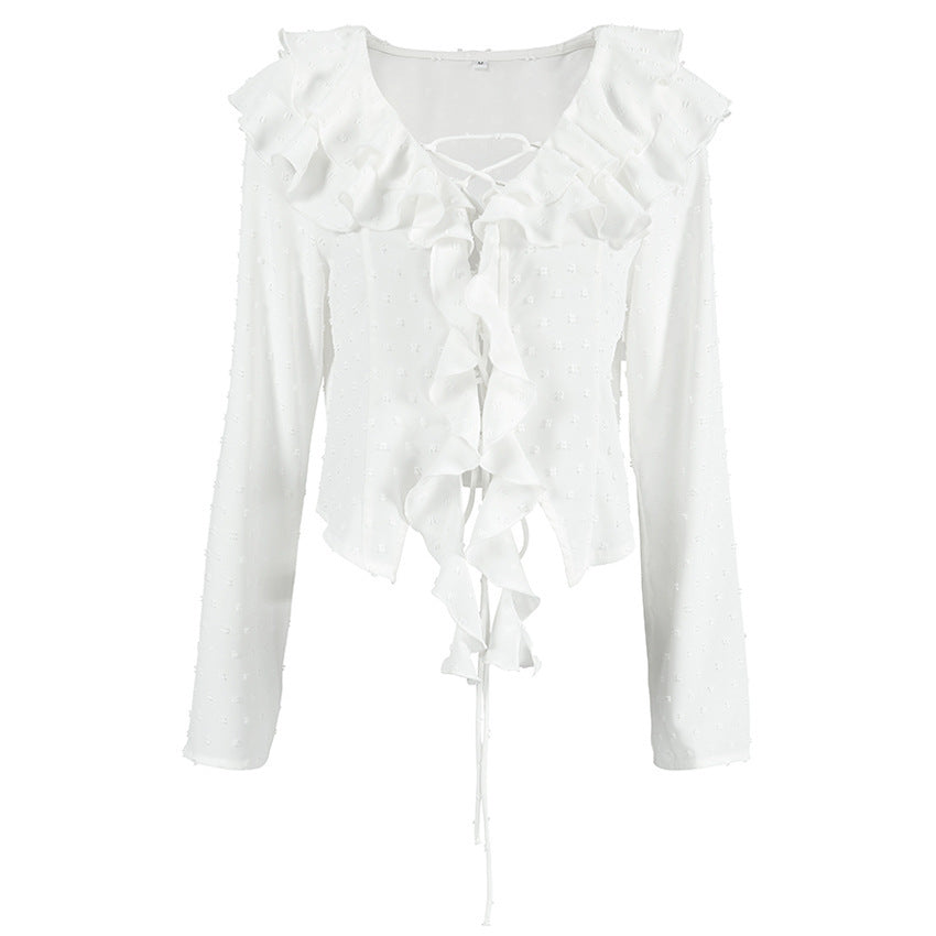 Ruffled Lace-Up Long Sleeve Blouse