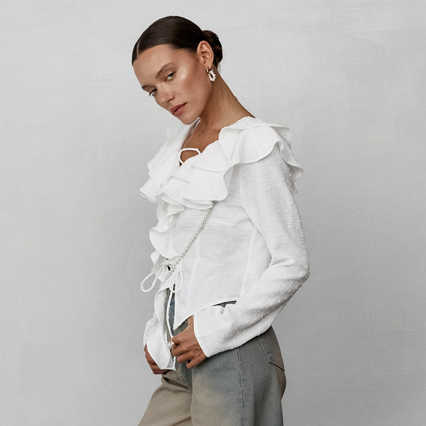 Ruffled Lace-Up Long Sleeve Blouse