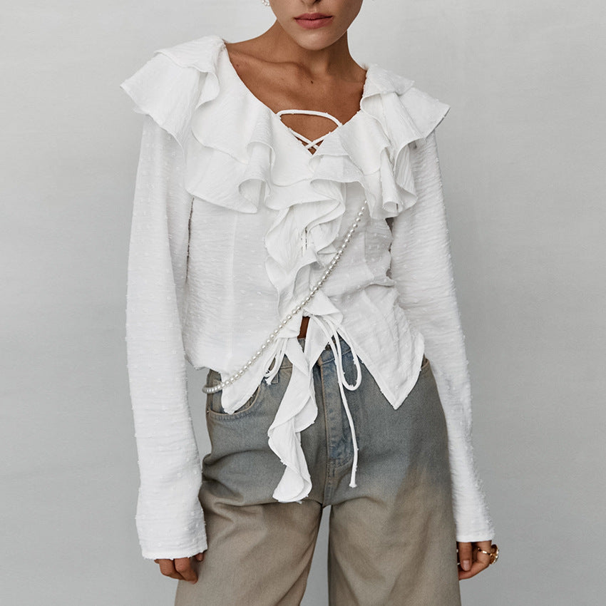 Ruffled Lace-Up Long Sleeve Blouse